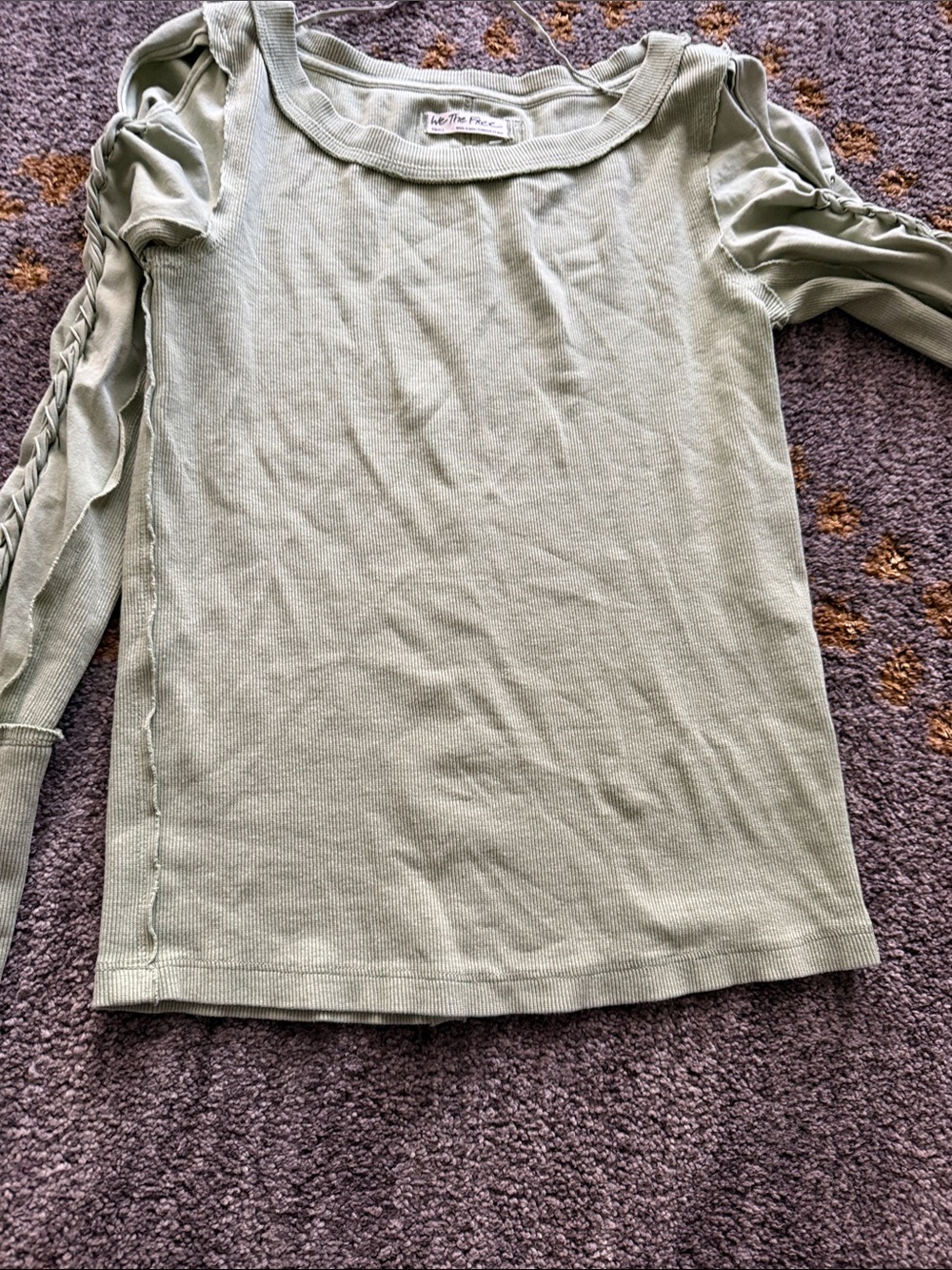 Free People Braided Sleeve Sage Green Long Sleeve Top